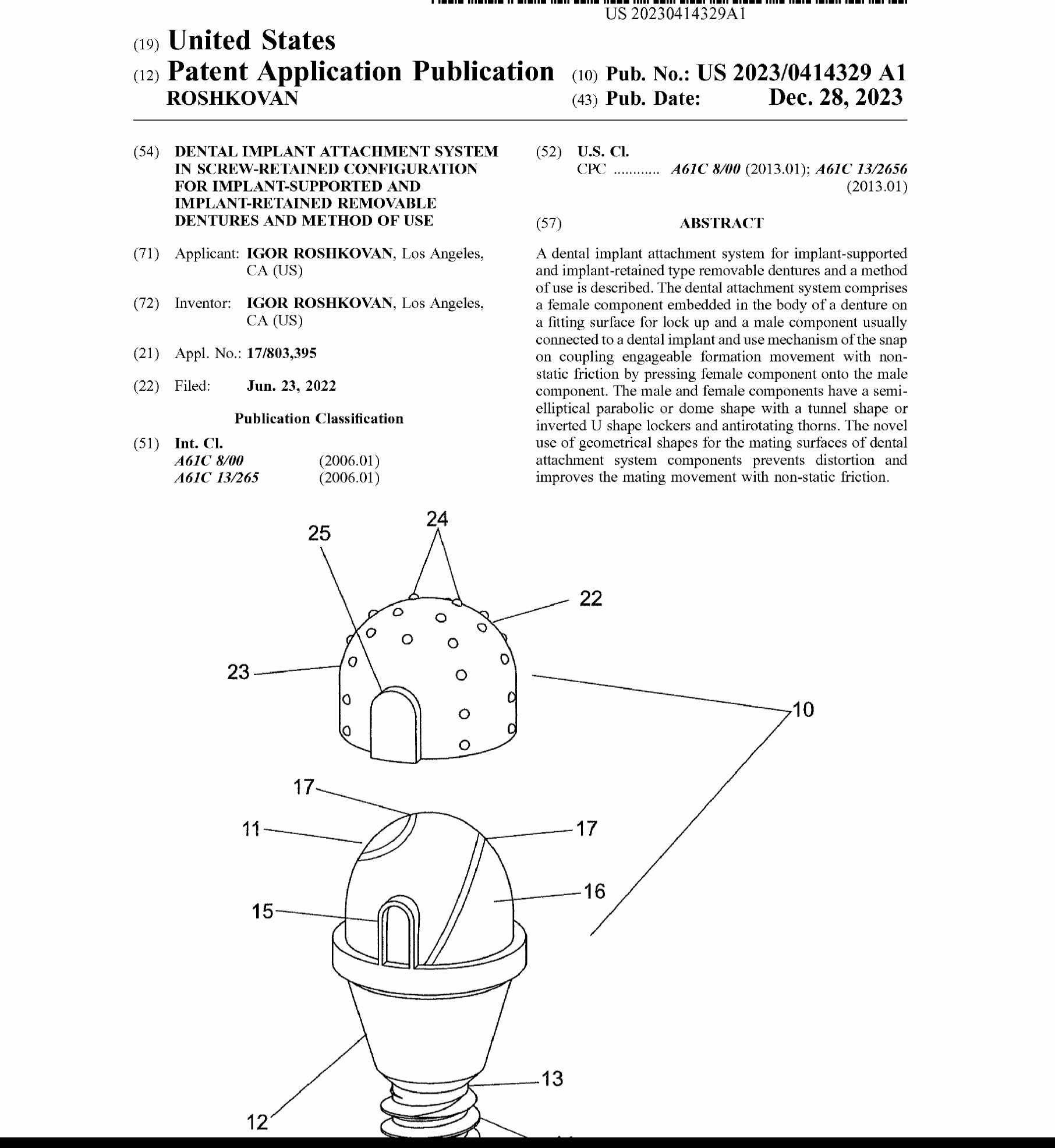Page of United States Patent Application Publication US 2023/0414329 A1 with drawings of the dental implant attachment system.