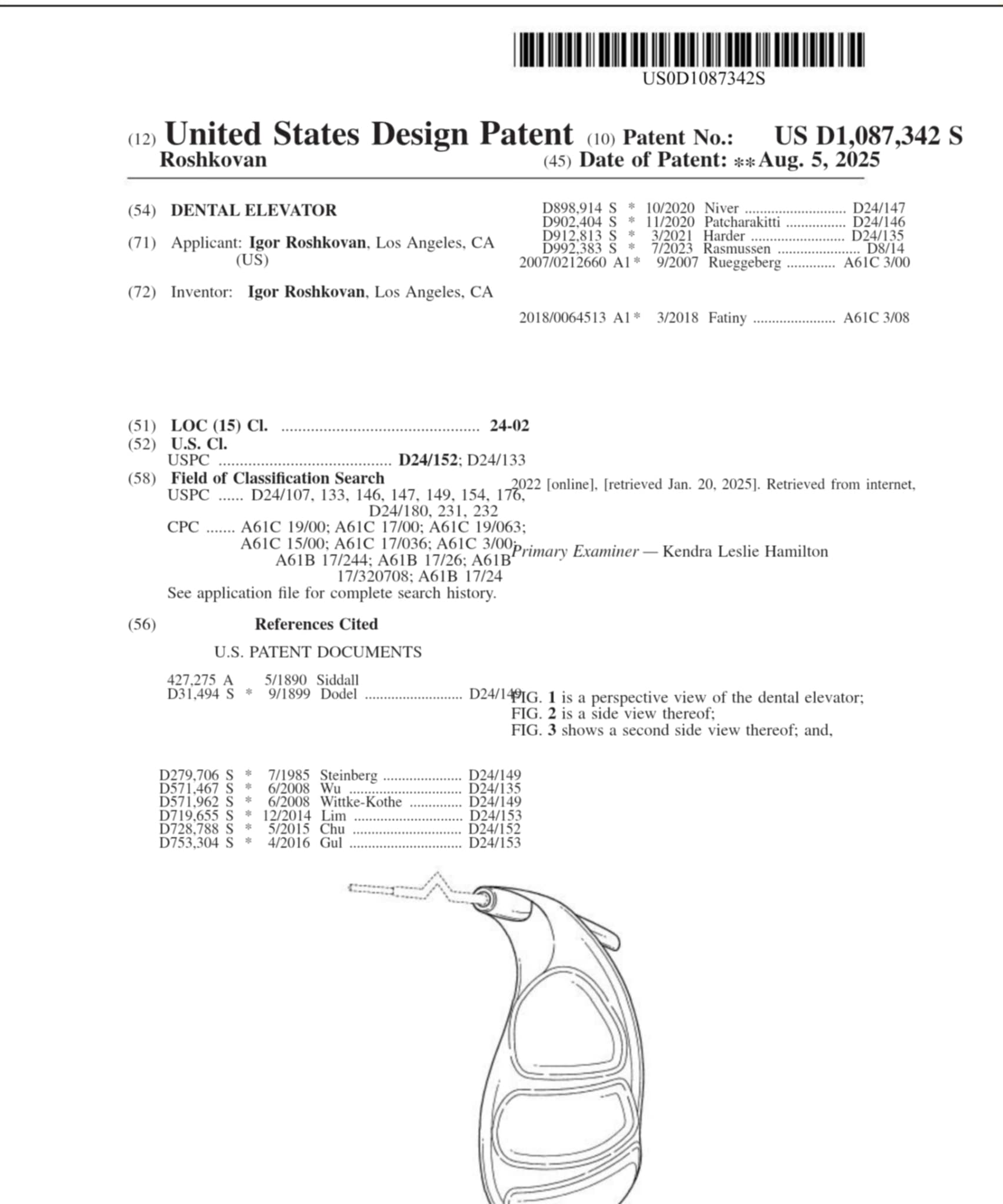 First page of United States Design Patent US D1,087,342 S for a Dental Elevator, inventor Igor Roshkovan, with a perspective drawing of the ergonomic elevator.