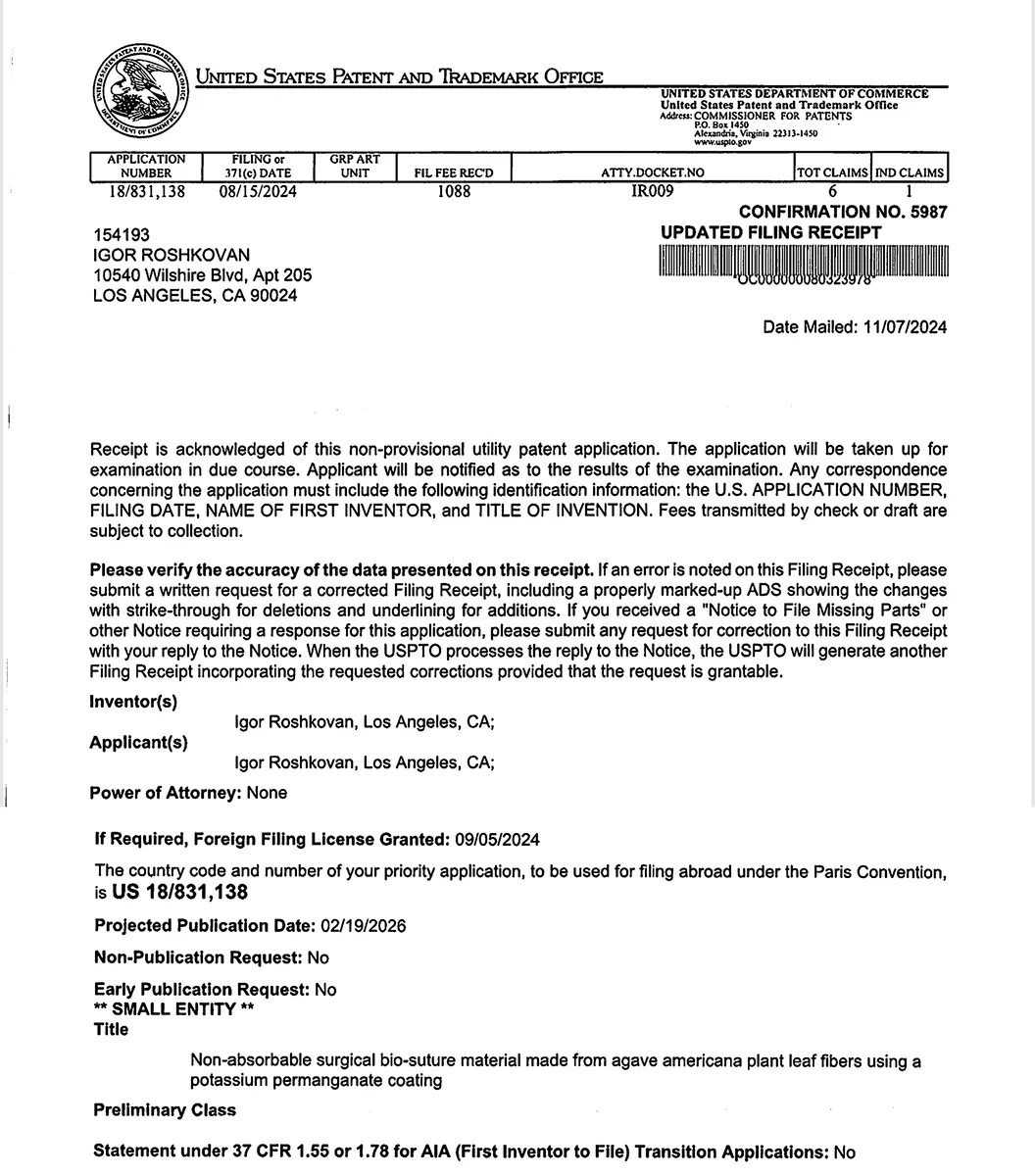 United States Patent and Trademark Office filing receipt for patent application 18/831,138, non-absorbable surgical bio-suture material made from agave americana plant leaf fibers.