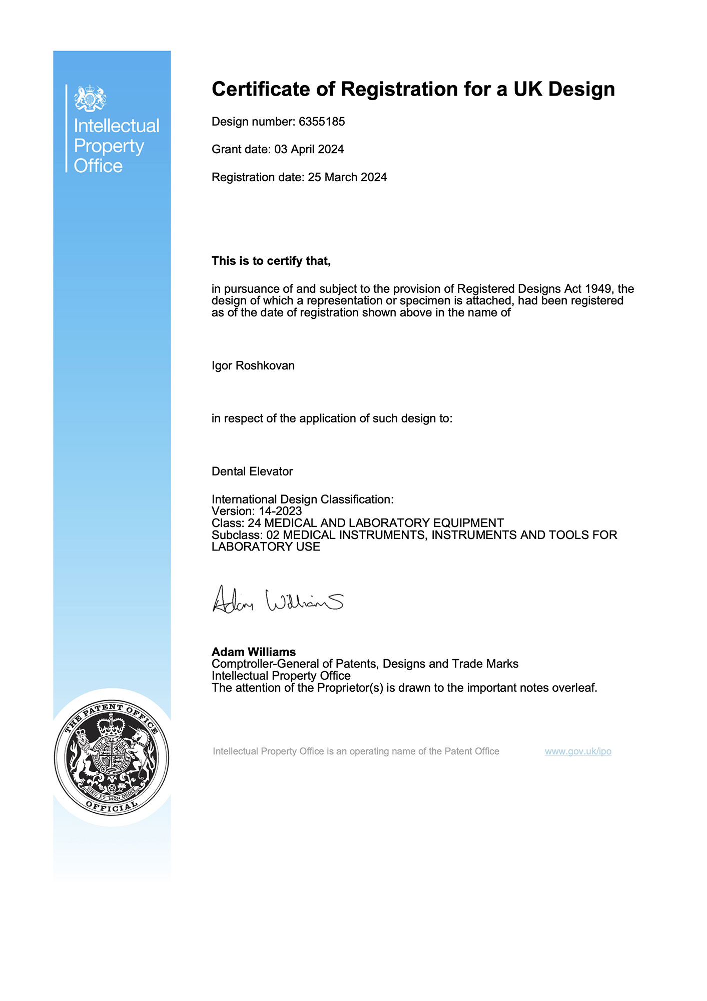 United Kingdom Intellectual Property Office Certificate of Registration for a UK Design, registration number 6355185, Dental Elevator.