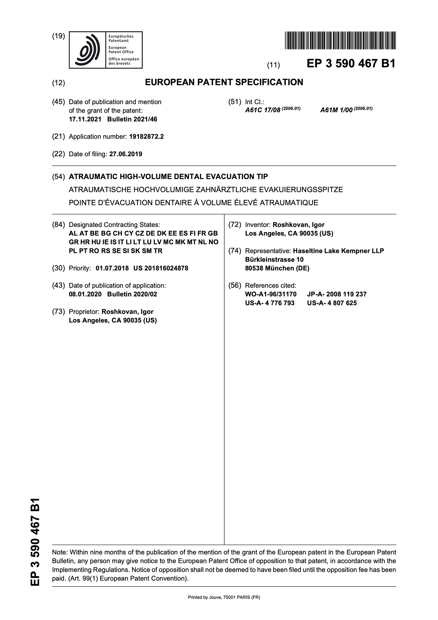 First page of European Patent specification EP 3 590 467 B1, Atraumatic High-Volume Dental Evacuation Tip.