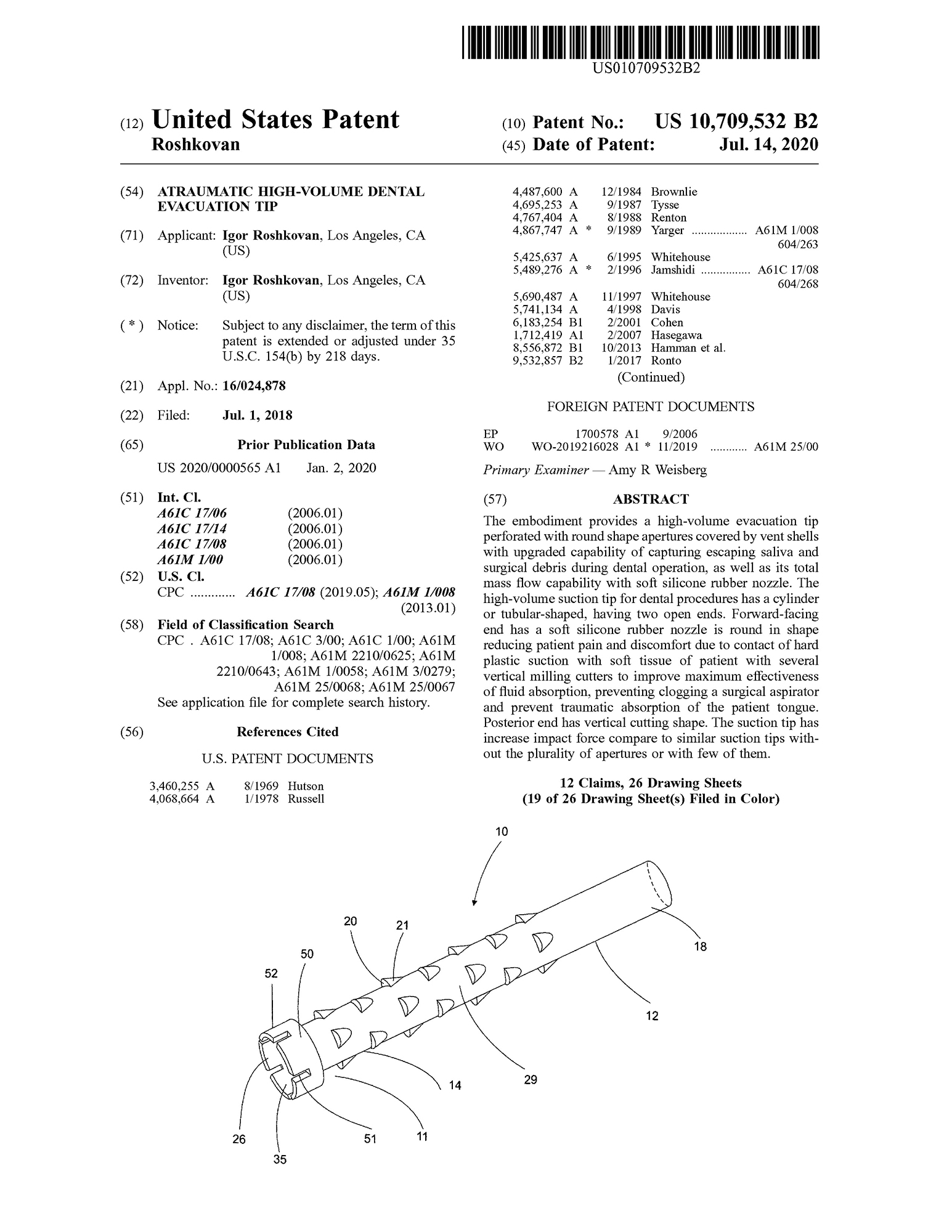 First page of United States Patent US 10,709,532 B2 with a drawing of the dental evacuation tip.