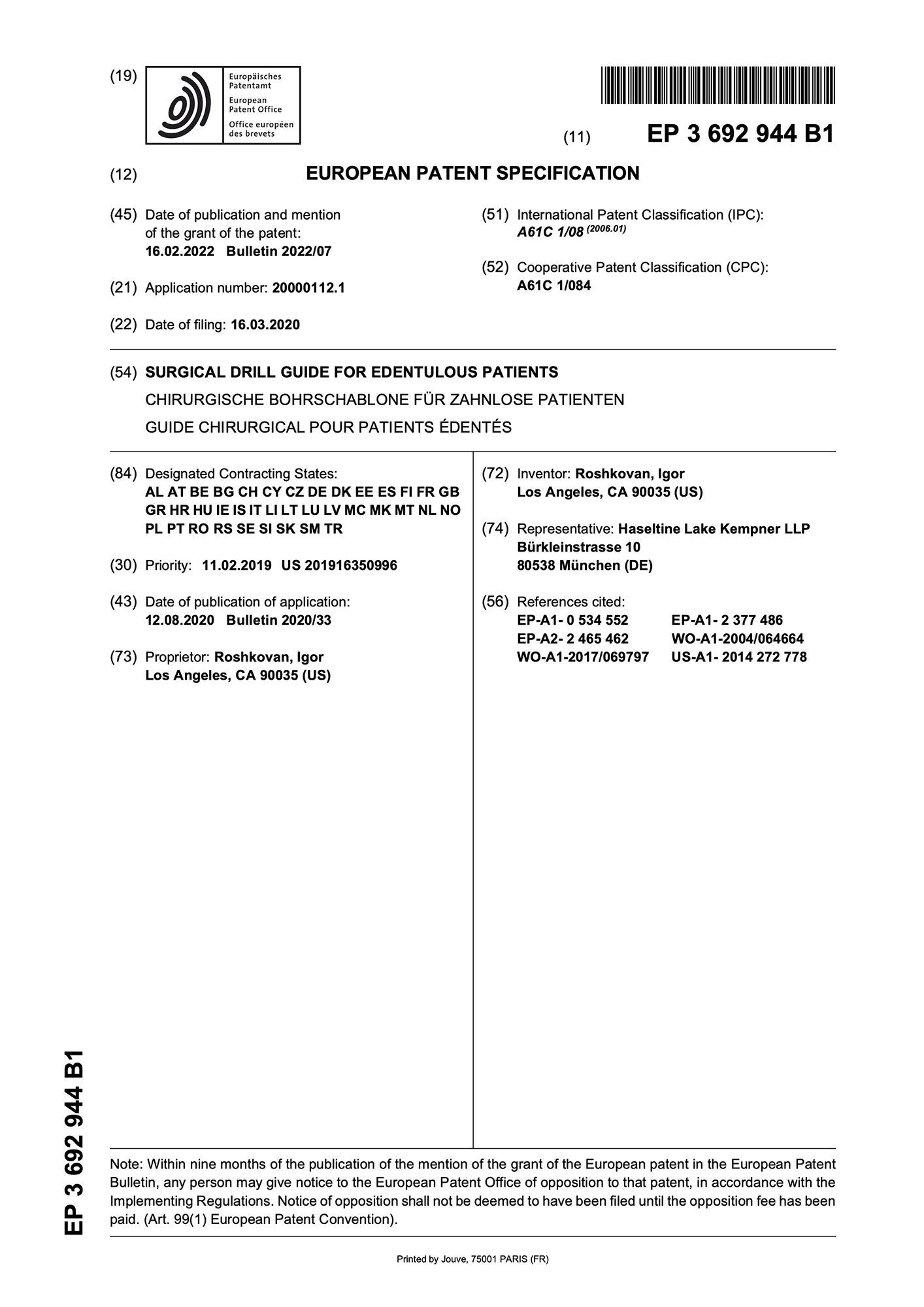 First page of European Patent specification EP 3 692 944 B1, Surgical Drill Guide for Edentulous Patients.