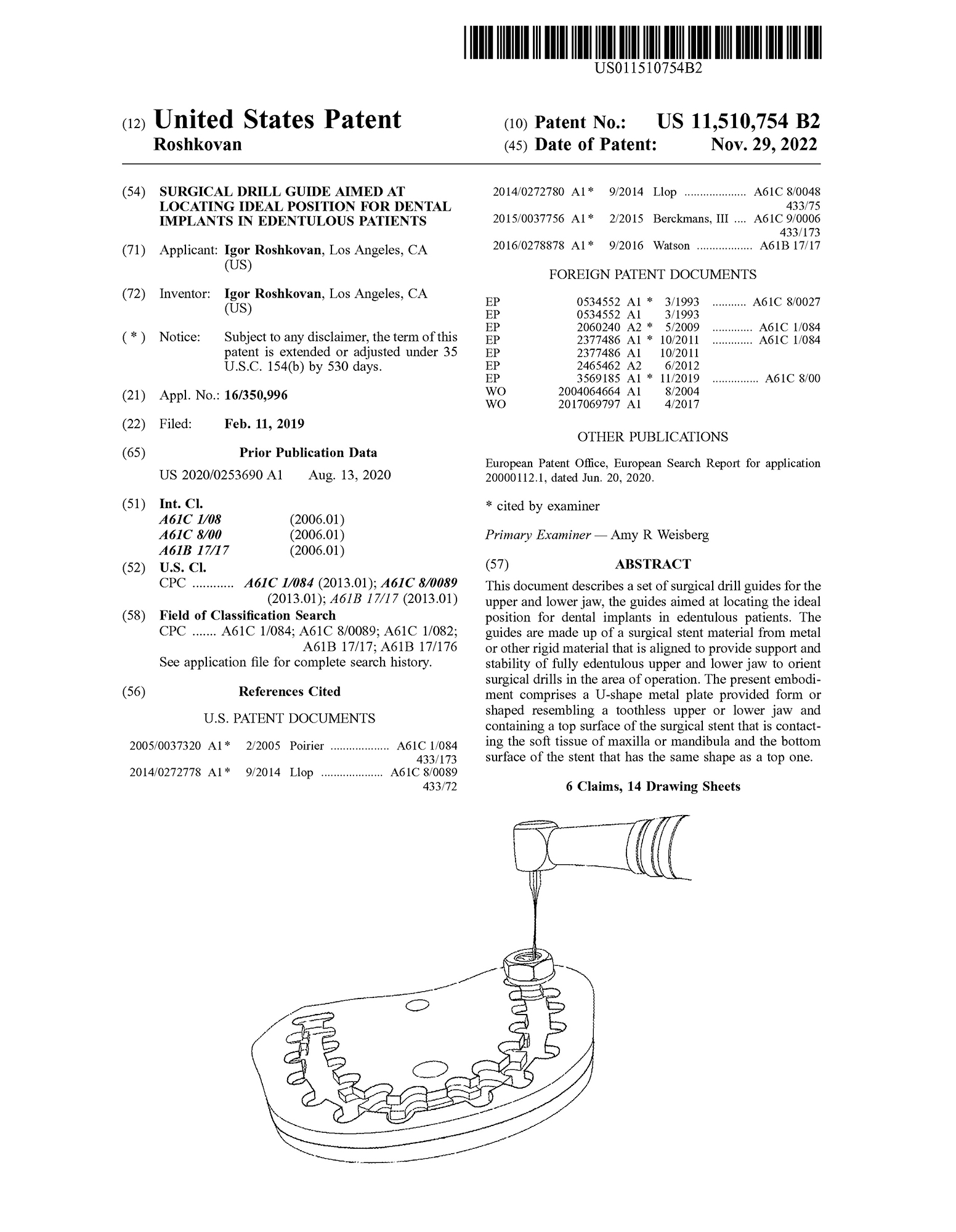 First page of United States Patent US 11,510,754 B2 with a drawing of the surgical drill guide.