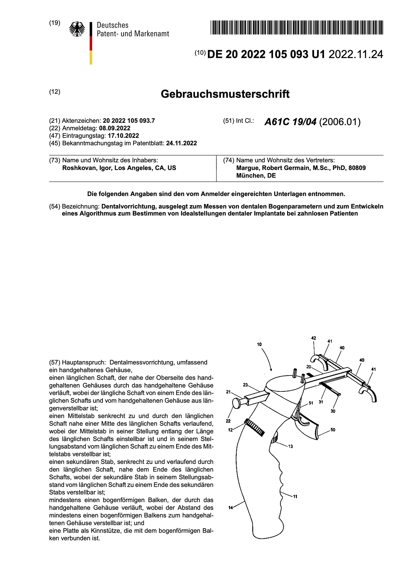 First page of German utility model DE 20 2022 105 093 U1 with a drawing of the dental arch measuring device.