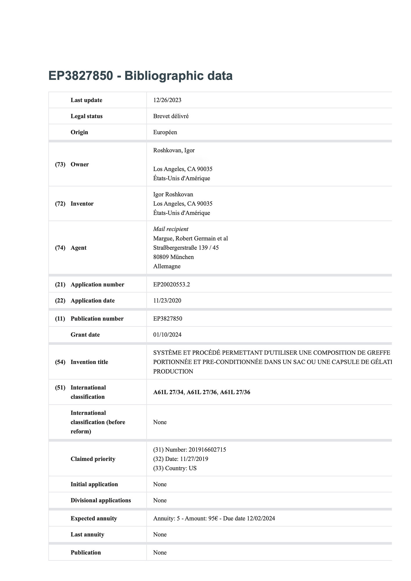Official patent register bibliographic-data extract for EP3827850, legal status granted.