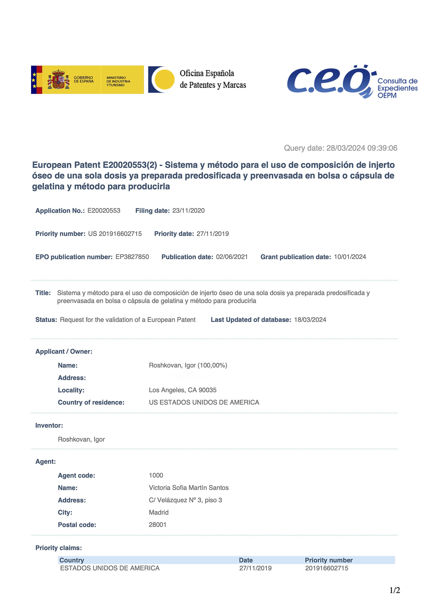 Spanish Patent and Trademark Office (OEPM) register extract for EP3827850.