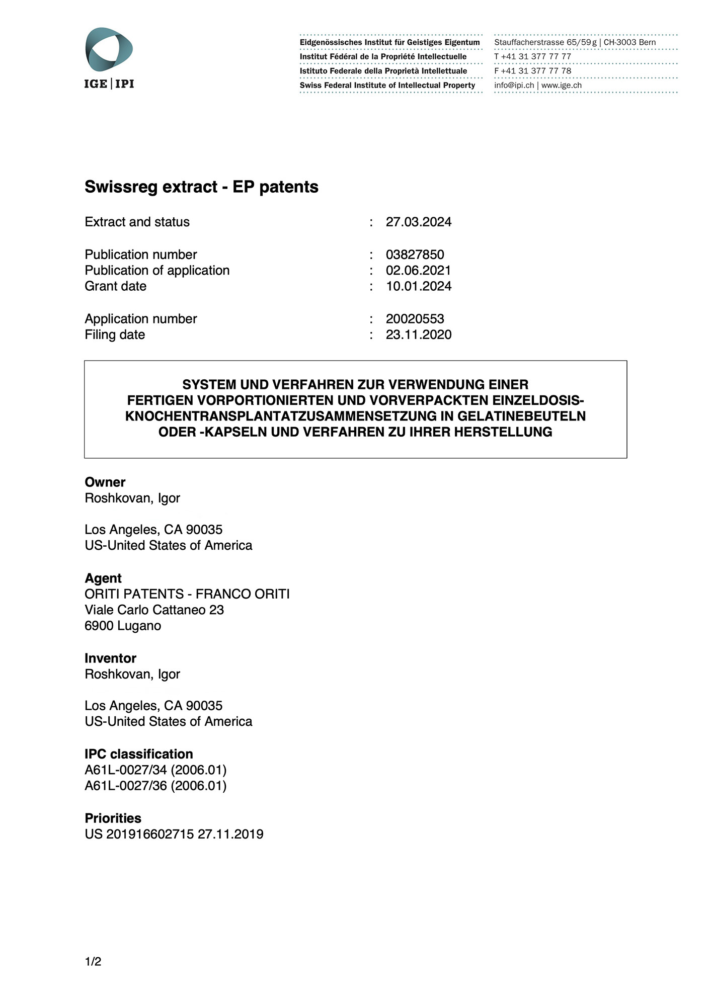 Official patent register extract for the Switzerland validation of EP3827850.