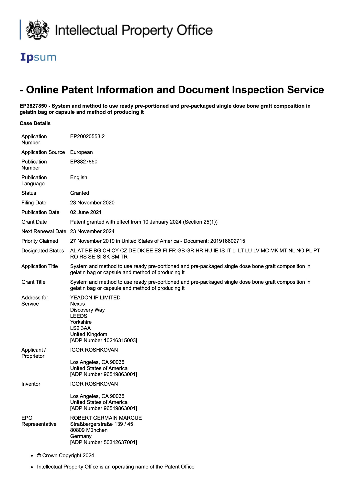 Official patent register extract for the United Kingdom validation of EP3827850.