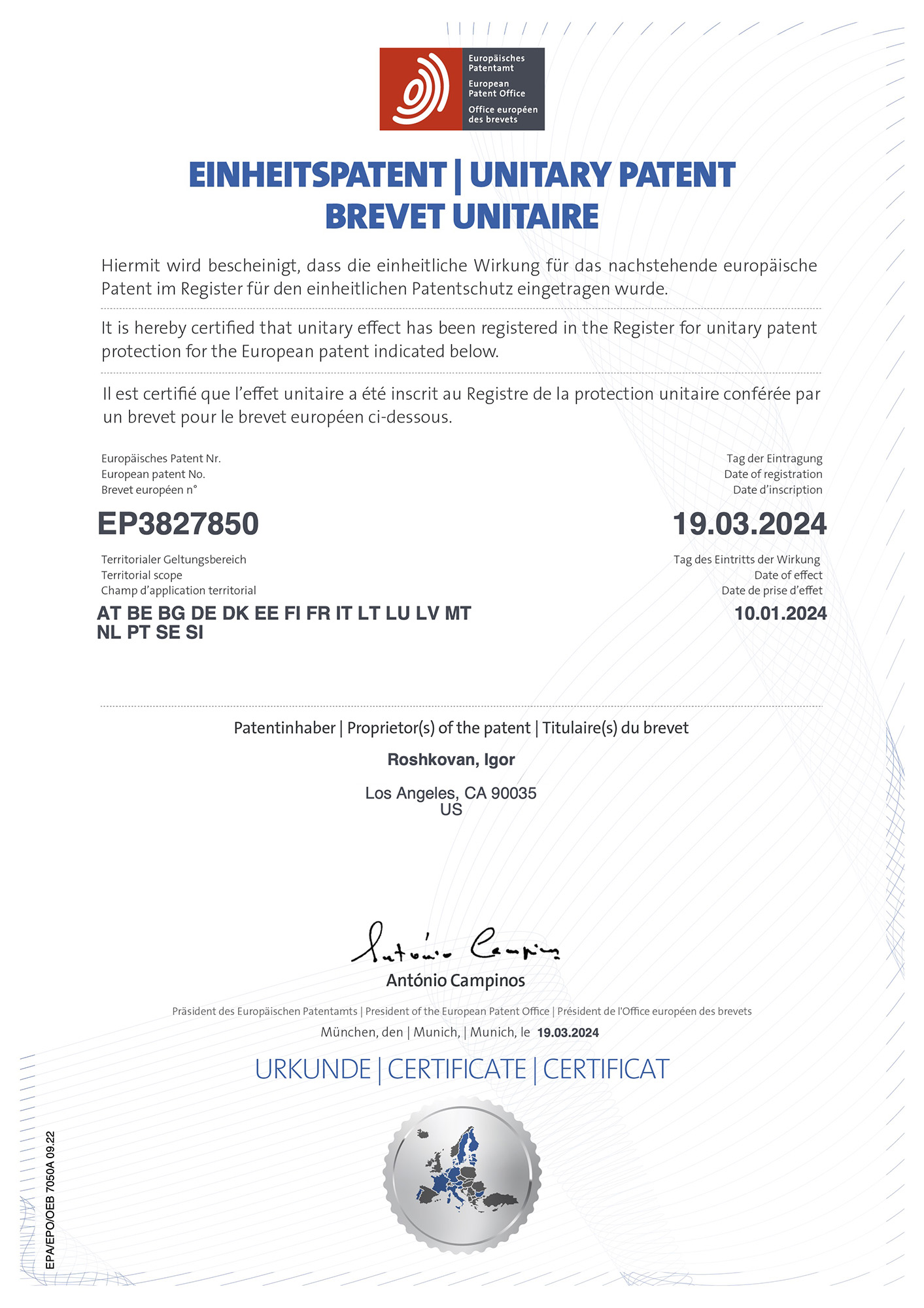 European Patent Office unitary patent certificate for EP3827850, with official seal.