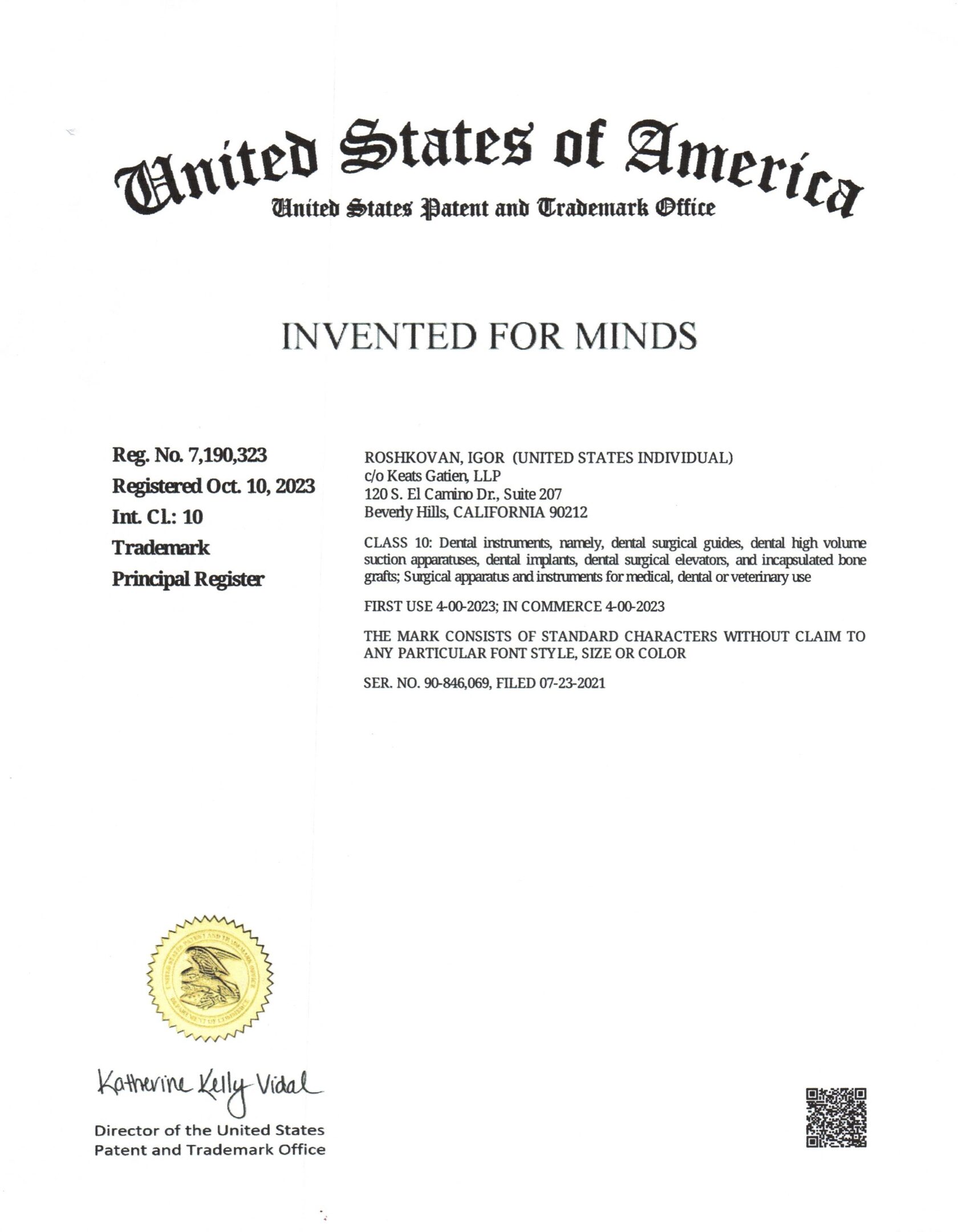 United States Patent and Trademark Office certificate for the trademark INVENTED FOR MINDS, Reg. No. 7,190,323.